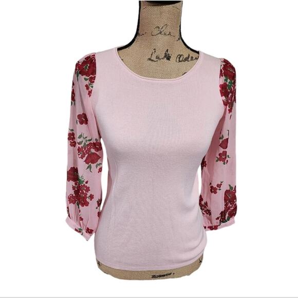 Julie Brown Pink Floral Slightly Sheer 3/4 Sleeves Lightweight Sweater Size Smal - Picture 1 of 6